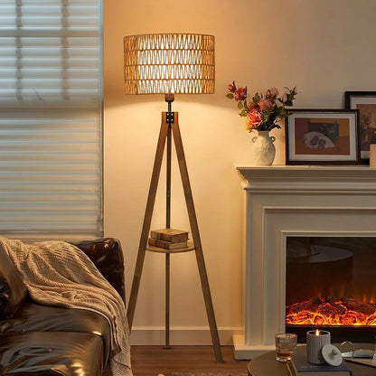 Modern Farmhouse Tripod Floor Lamp with Shelf
