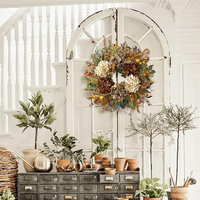 24 Inch Rustic Fall Wreath with Hydrangea &amp; Mini Pumpkins
