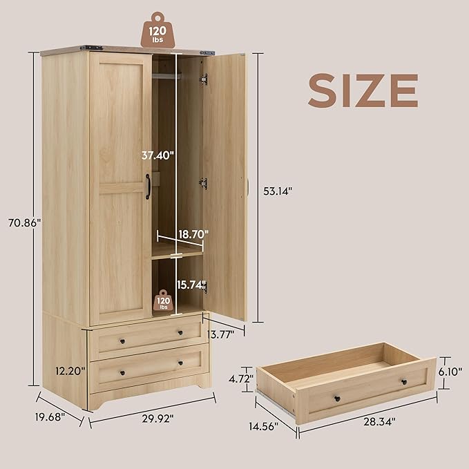 Wooden Armoire Wardrobe Closet - 71 inch, Natural Finish