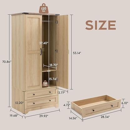 Wooden Armoire Wardrobe Closet - 71 inch, Natural Finish