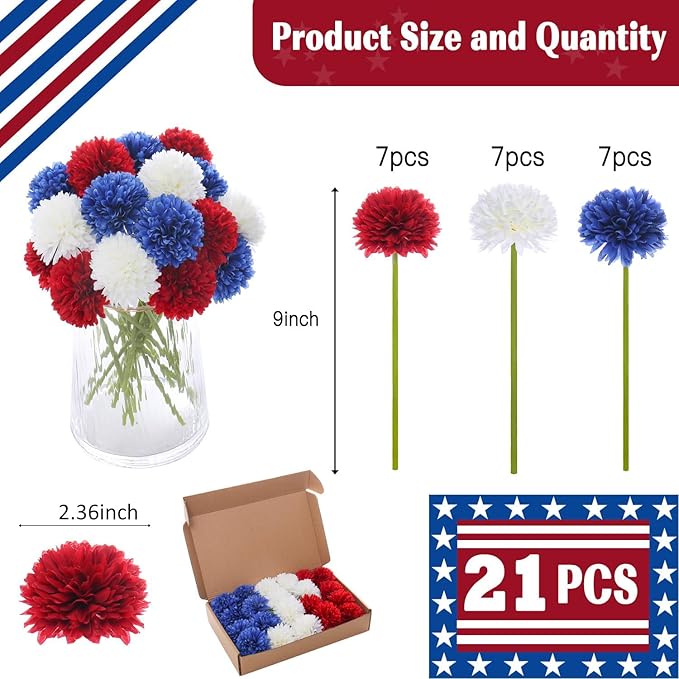 21 Piece Faux Chrysanthemum Flowers - Red/White/Blue