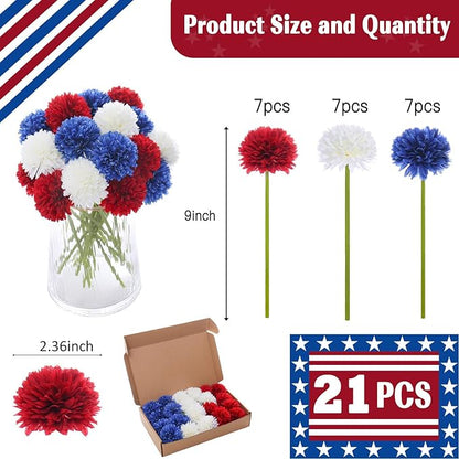 21 Piece Faux Chrysanthemum Flowers - Red/White/Blue