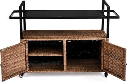 Wicker Outdoor Serving Cart with Storage and Wheels - Medium Brown