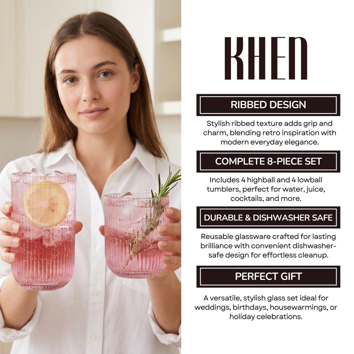 Set of 8 Ribbed Glasses - 4 Highball Glasses &amp; 4 Lowball