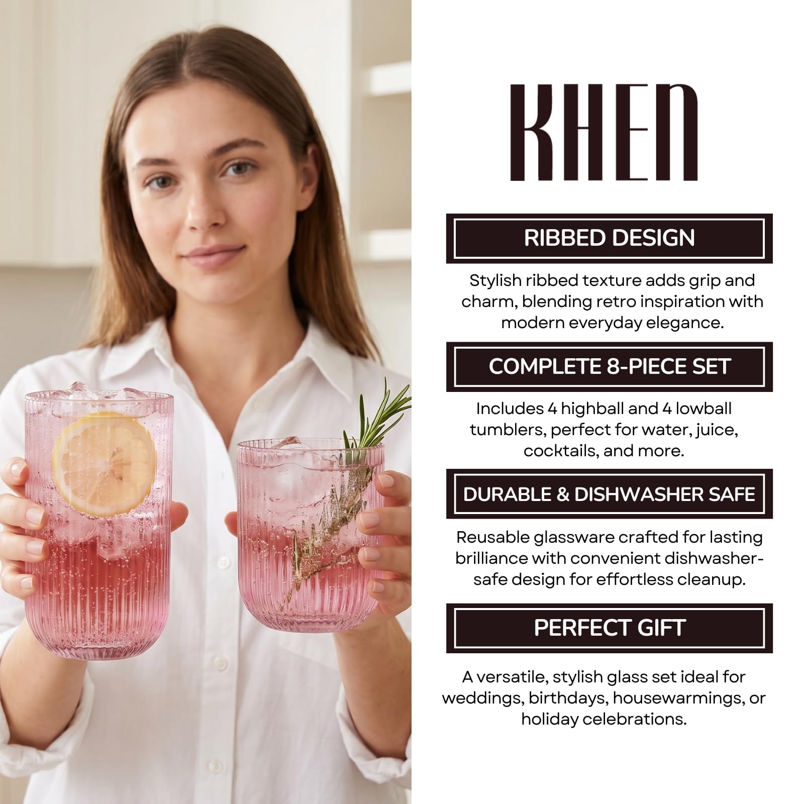 Set of 8 Ribbed Glasses - 4 Highball Glasses &amp; 4 Lowball