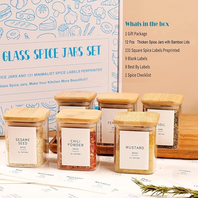 Set of 12 Square Glass Spice Jars with Airtight Bamboo Lids - 9oz