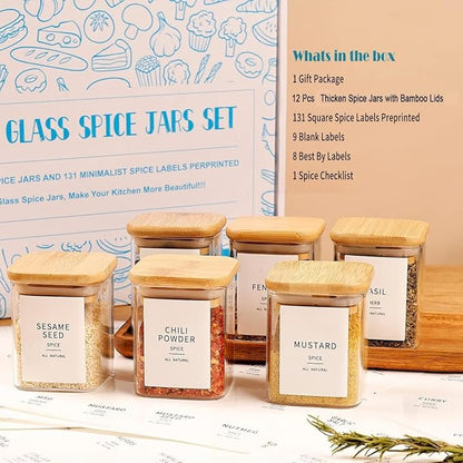 Set of 12 Square Glass Spice Jars with Airtight Bamboo Lids - 9oz