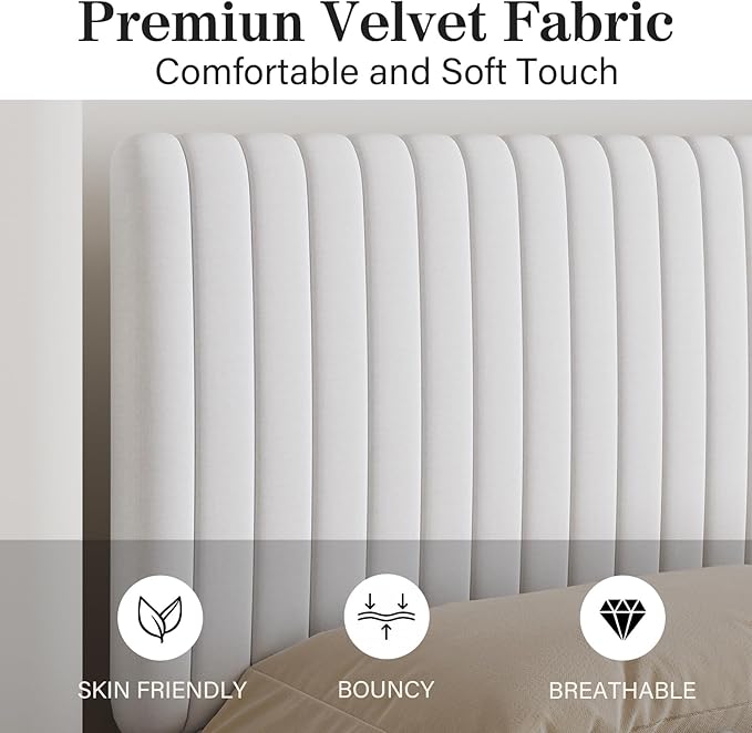 Queen Size Velvet Upholstered Platform Bed in White