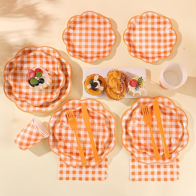 175 Pcs Orange and White Gingham Party Supplies - Serve 25 Guests