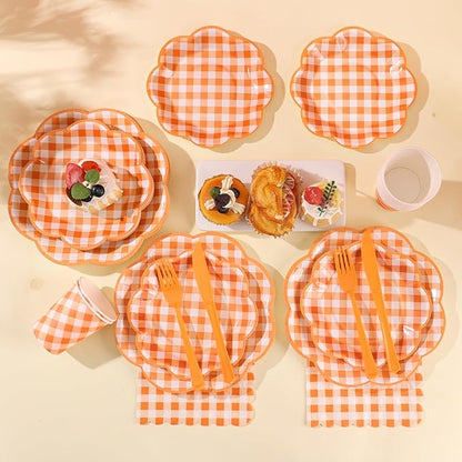 350 Pcs Orange and White Gingham Party Supplies - Serves 50