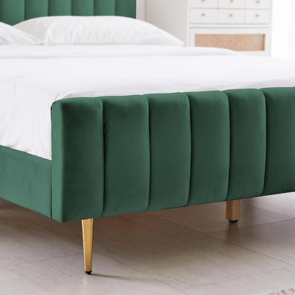 Livinia Queen Size Velvet Platform Bed in Green