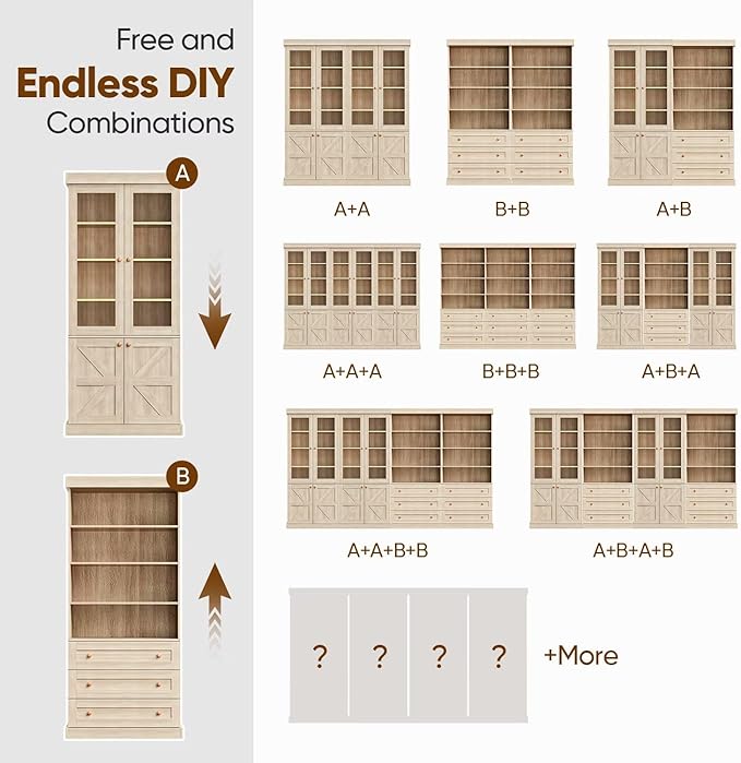 Vyre 71" Tall Farmhouse Bookshelves with Glass Doors, Set of 2 – Natural