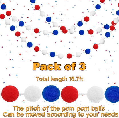Patriotic Red White Blue Felt Ball Garland - Set of 3, 6.6ft Each
