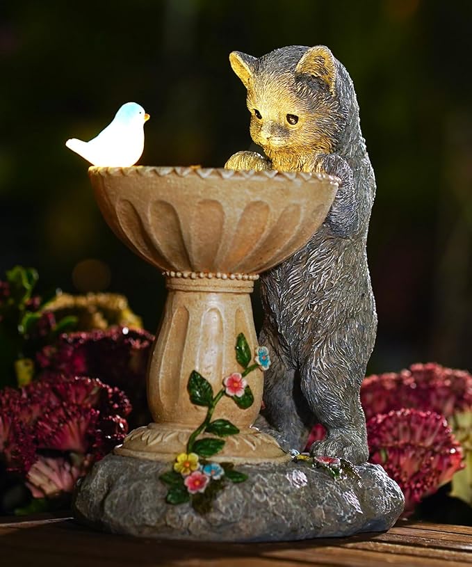 Solar Cat Birdbath Garden Decor