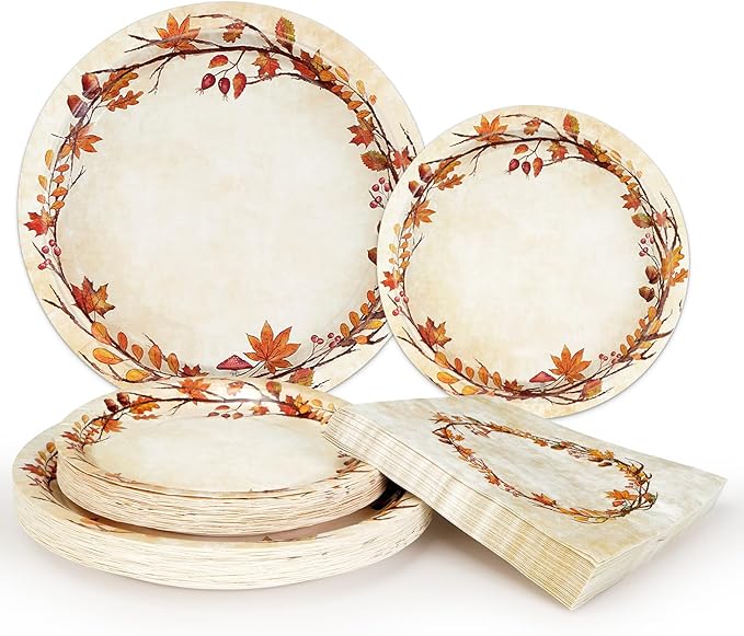 200 Pcs Fall Paper Plates and Napkins - Serves 50 Guests