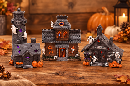 Mark Feldstein &amp; Associates Spooky Halloween Village - Color-Changing Pre-Lit 3 Pc Set