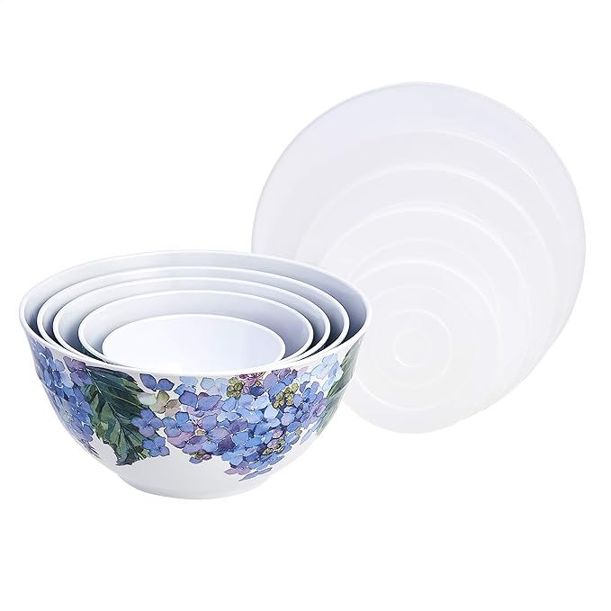 Blue Hydrangea Floral Melamine Nesting Bowls w/ Lids - 10 Pc Set