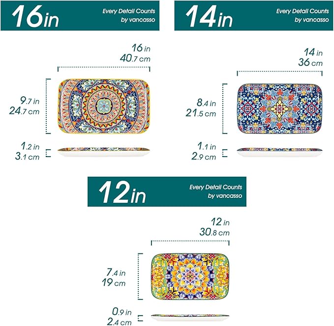 Set of 3 Vancasso Serving Platters - 16"/14"/12" Inch Rectangular Trays
