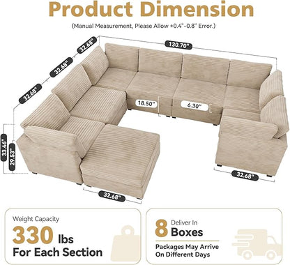 8-Seater Comfy Cloud Modular with One Movable Ottoman in Beige Corduroy