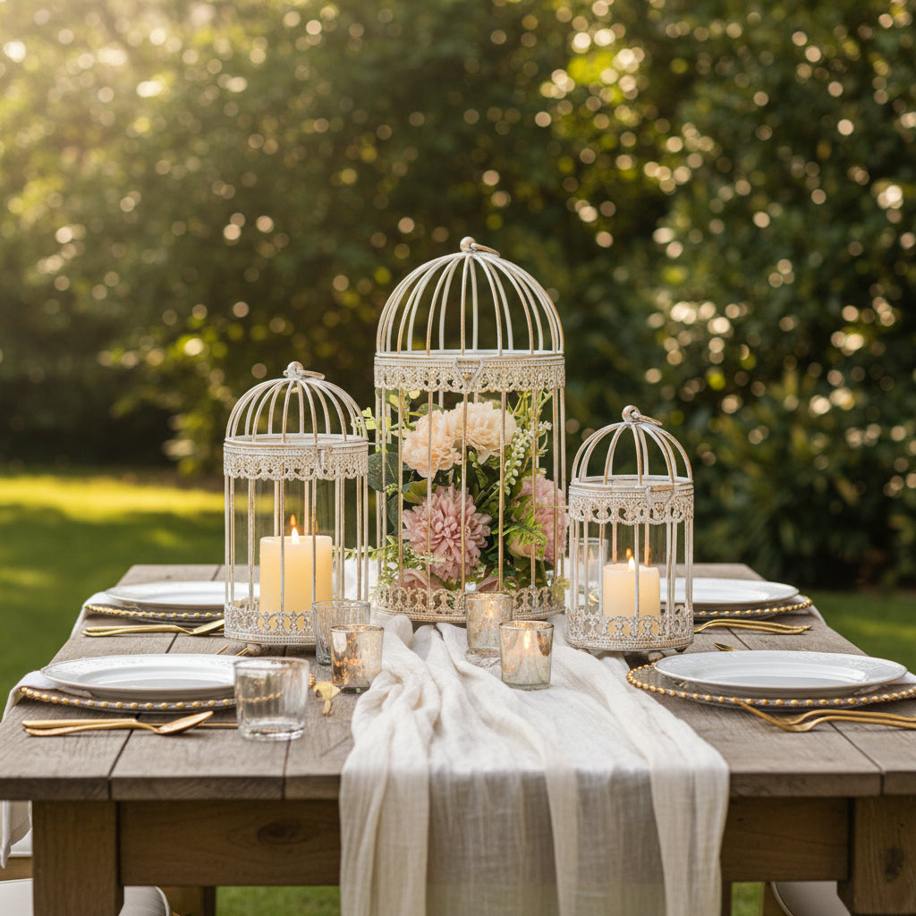 Set of 3 Distressed White Rustic Birdcage Pillar Candle Holders