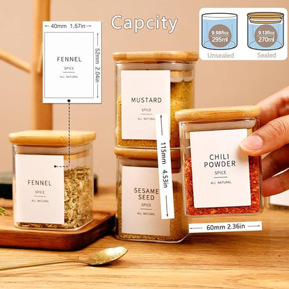 Set of 12 Square Glass Spice Jars with Airtight Bamboo Lids - 9oz