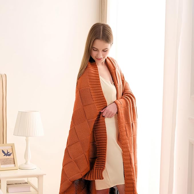 Rust/Orange Checkered Knit Throw Blanket - 50 X 60 inch