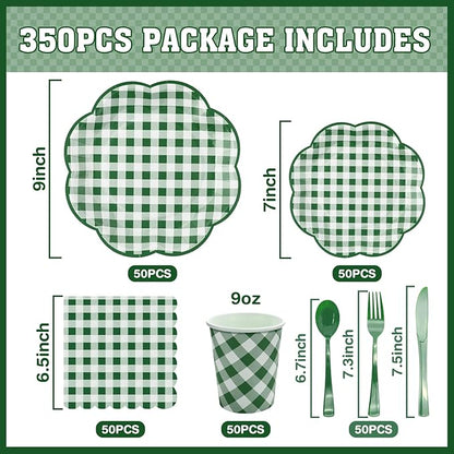 350 Piece Green Gingham Plates and Napkins Party Supplies for 50