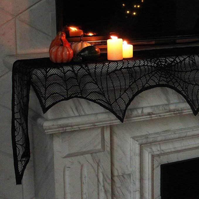 Black Spiderweb Lace Fireplace Mantle Scarf Cover/Table Cloth - 2 Piece Set