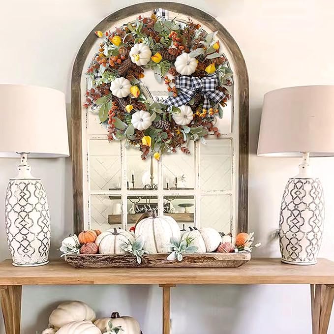24 inch Farmhouse Fall Wreath with White Pumpkin, Cotton, Lamb&