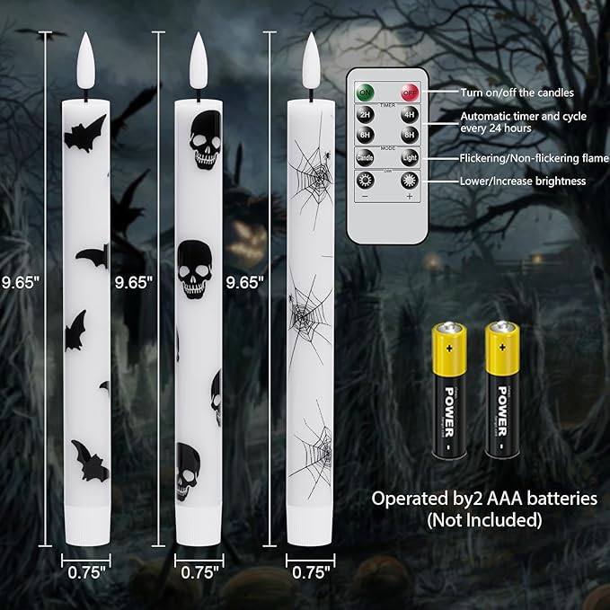 Set of 6 LED Flickering Halloween Taper Candles - Battery Operated, Real Wax with Spider Webs/Skull/Bats