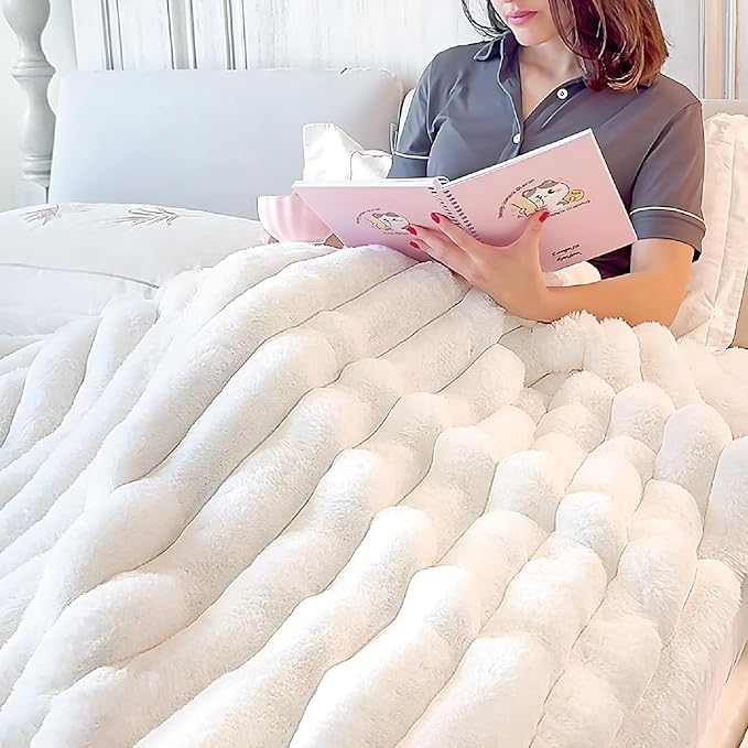 Super Soft and Cozy Faux Rabbit Fur Throw Blanket - Cream, 60 x 80 inch