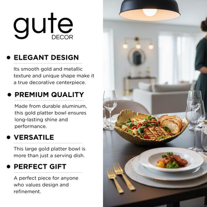 Gold Platter Bowl – Modern Aluminum Decorative Centerpiece with Textured Metallic Finish