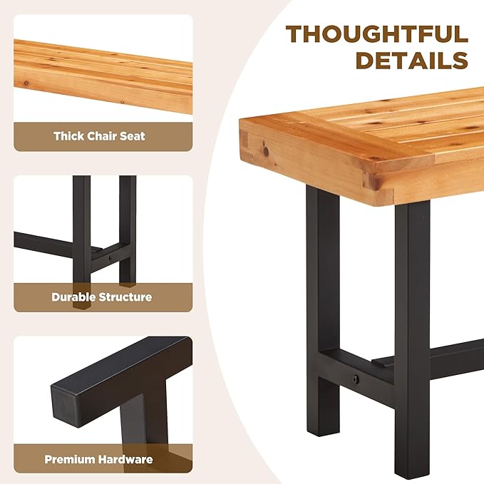 Set of 2 Indoor/Outdoor Benches - Natural Firwood with Black Metal Base