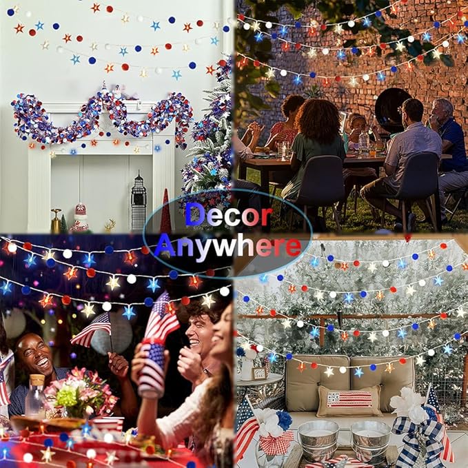 Red White and Blue Star/Pom Lights - Battery Operated