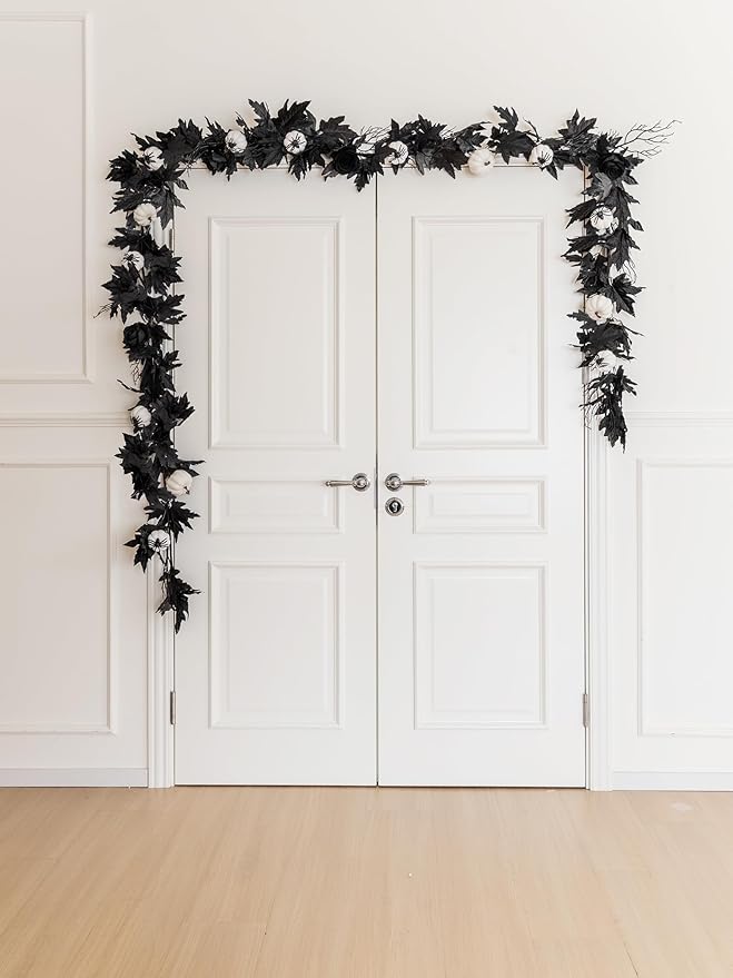 Black Maple Leaf Garland w/ White Pumpkins and Creepy Black Spiders
