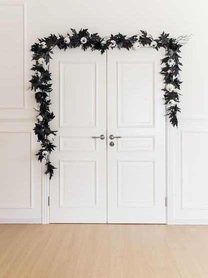 Black Maple Leaf Garland w/ White Pumpkins and Creepy Black Spiders