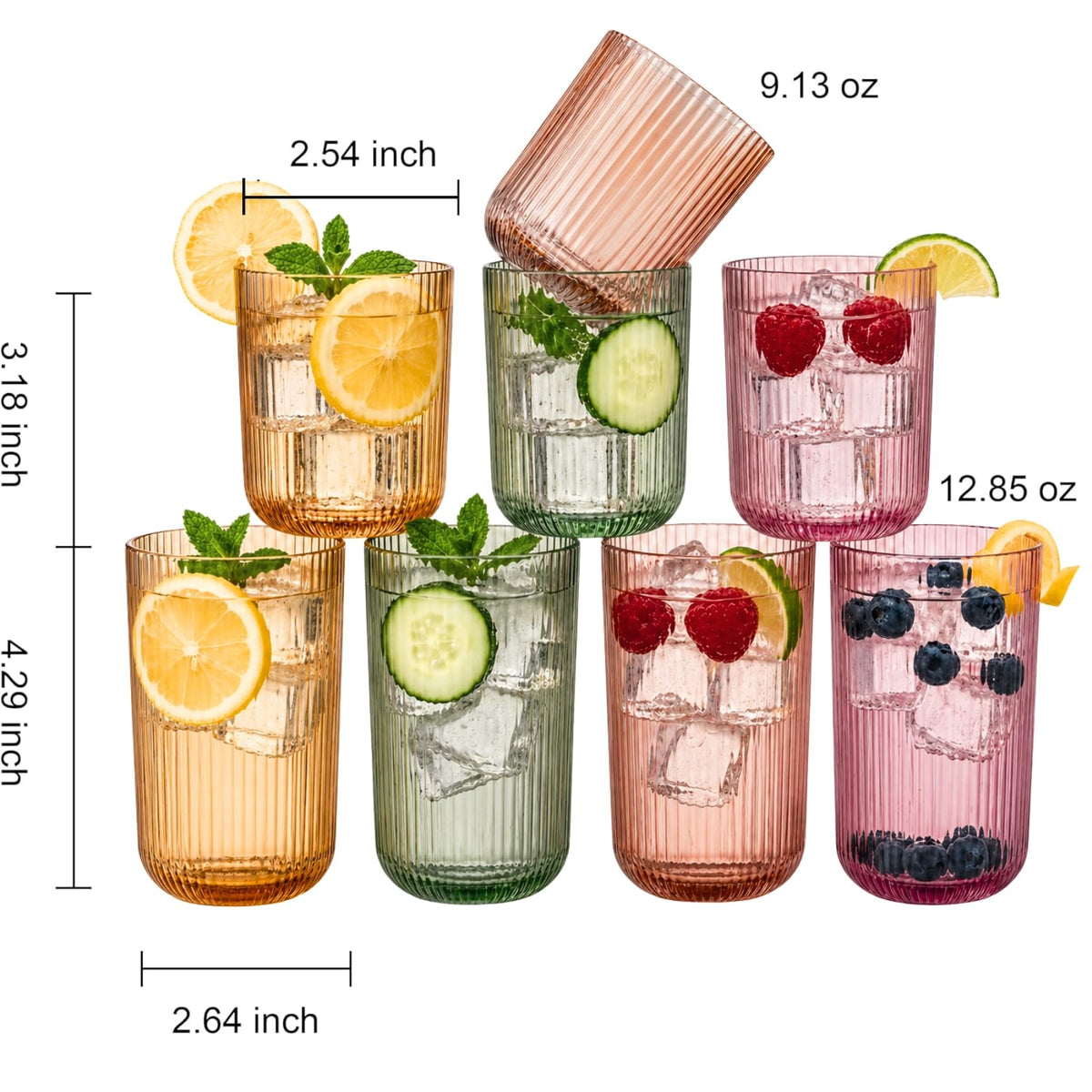 Set of 8 Ribbed Glasses - 4 Highball Glasses &amp; 4 Lowball