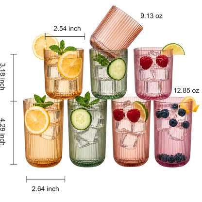 Set of 8 Ribbed Glasses - 4 Highball Glasses &amp; 4 Lowball