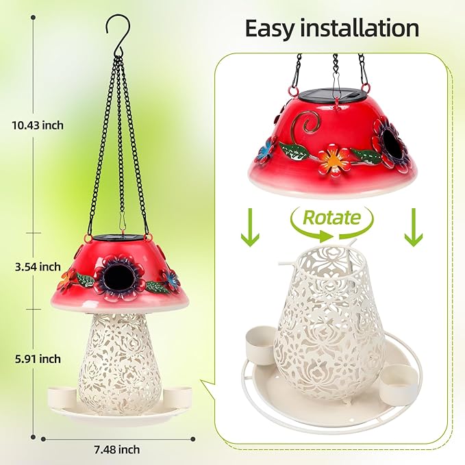 Mushroom Solar Bird Feeder - Red
