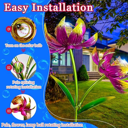 63 Inch Metal Wind Spinner with Lights - Twin Flower Design