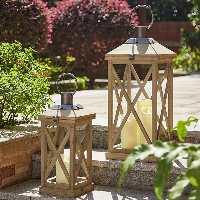 Set of 2 Modern Farmhouse Wood and Metal Lanterns - Natural (No Glass)
