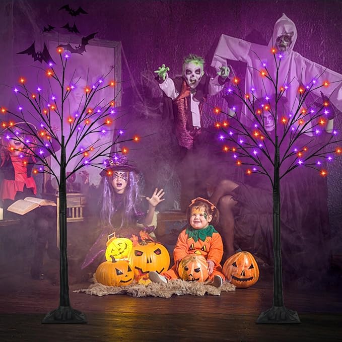 Set of 2 LED Black Trees with Purple and Orange Lights - 5 Ft