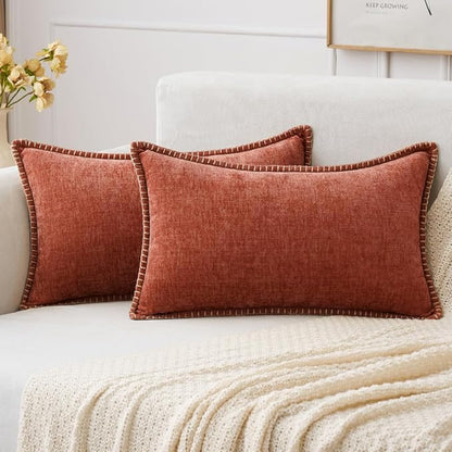 Set of 2 Stitched Edge Soft Chenille Pillow Covers - 12 x 20, Burnt Orange