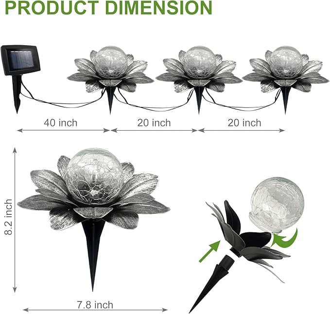 Set of 3 Silver Gray Lotus Flower Pathway Lights with Cool White Crackle Glass