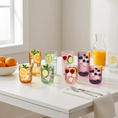 Set of 8 Ribbed Glasses - 4 Highball Glasses &amp; 4 Lowball