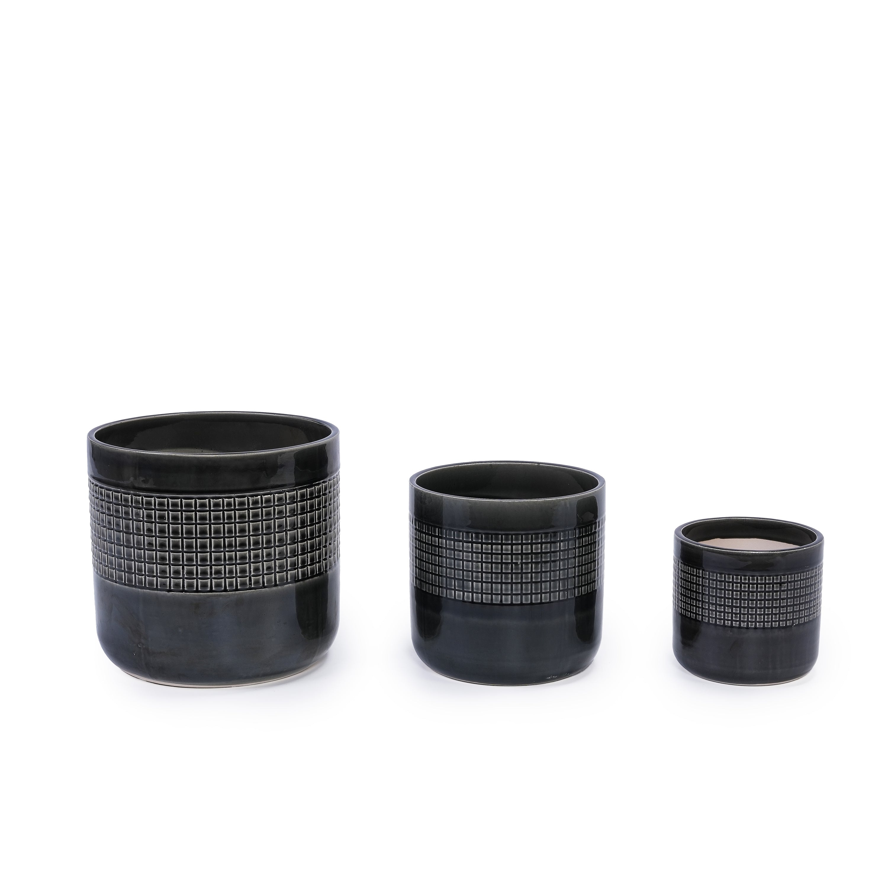 Set of 3 Black Grid Design Flower Pots