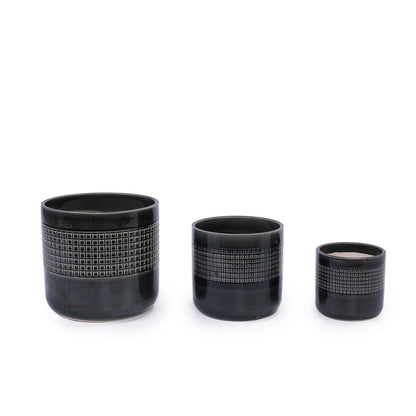 Set of 3 Black Grid Design Flower Pots