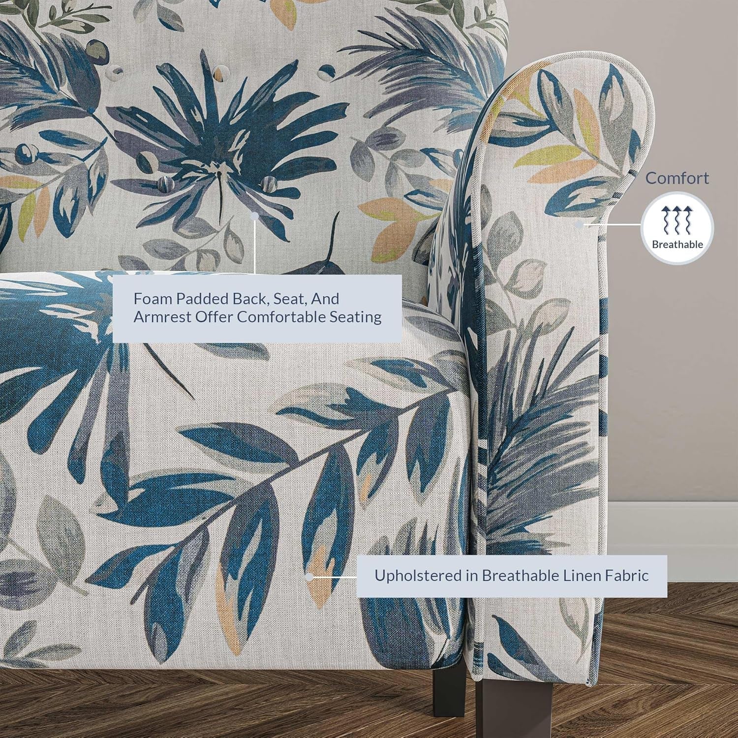Wingback Upholstered Accent Chair In Blue Floral