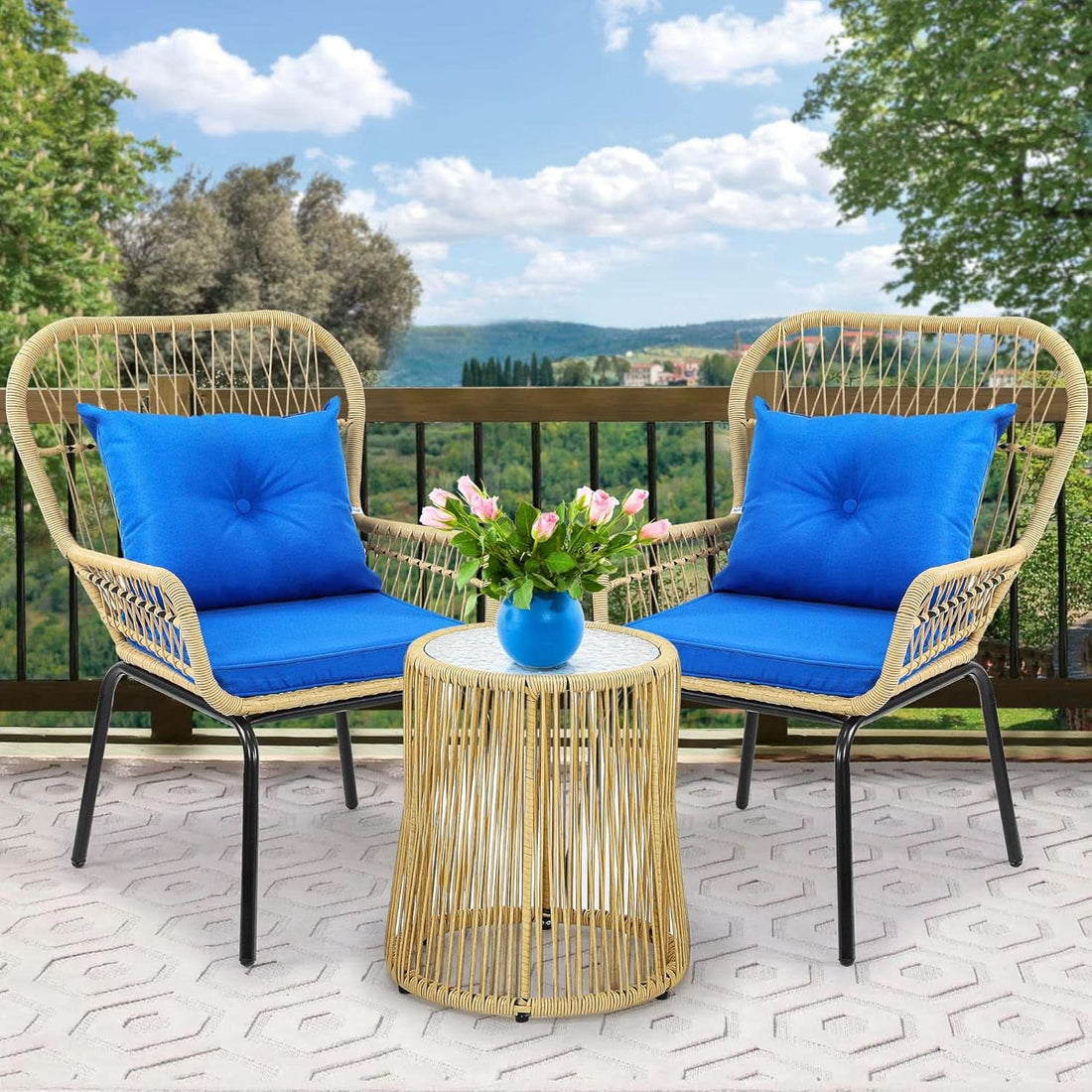 3 Piece Outdoor Wicker Patio Bistro Set - Blue