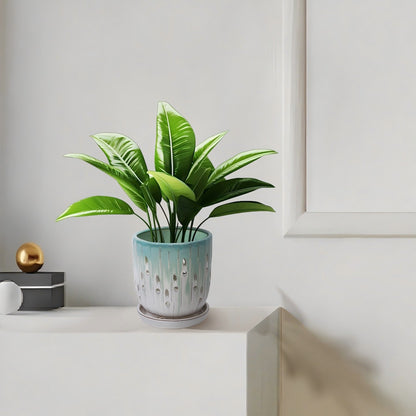 Set of 2 Ceramic Flowerpots - White/Aqua